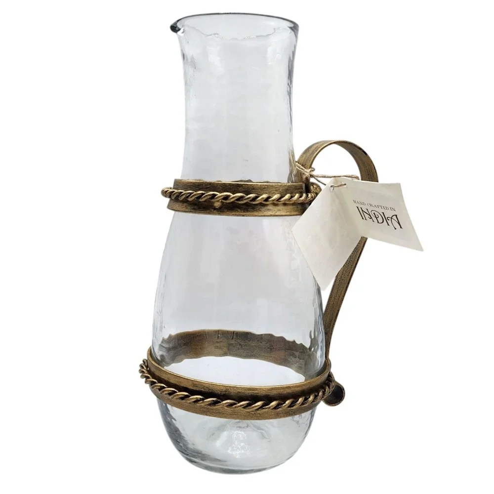 RF Home Fashion Rustic Wrought‎ Metal And Clear Glass Pitcher Vase Handcrafted